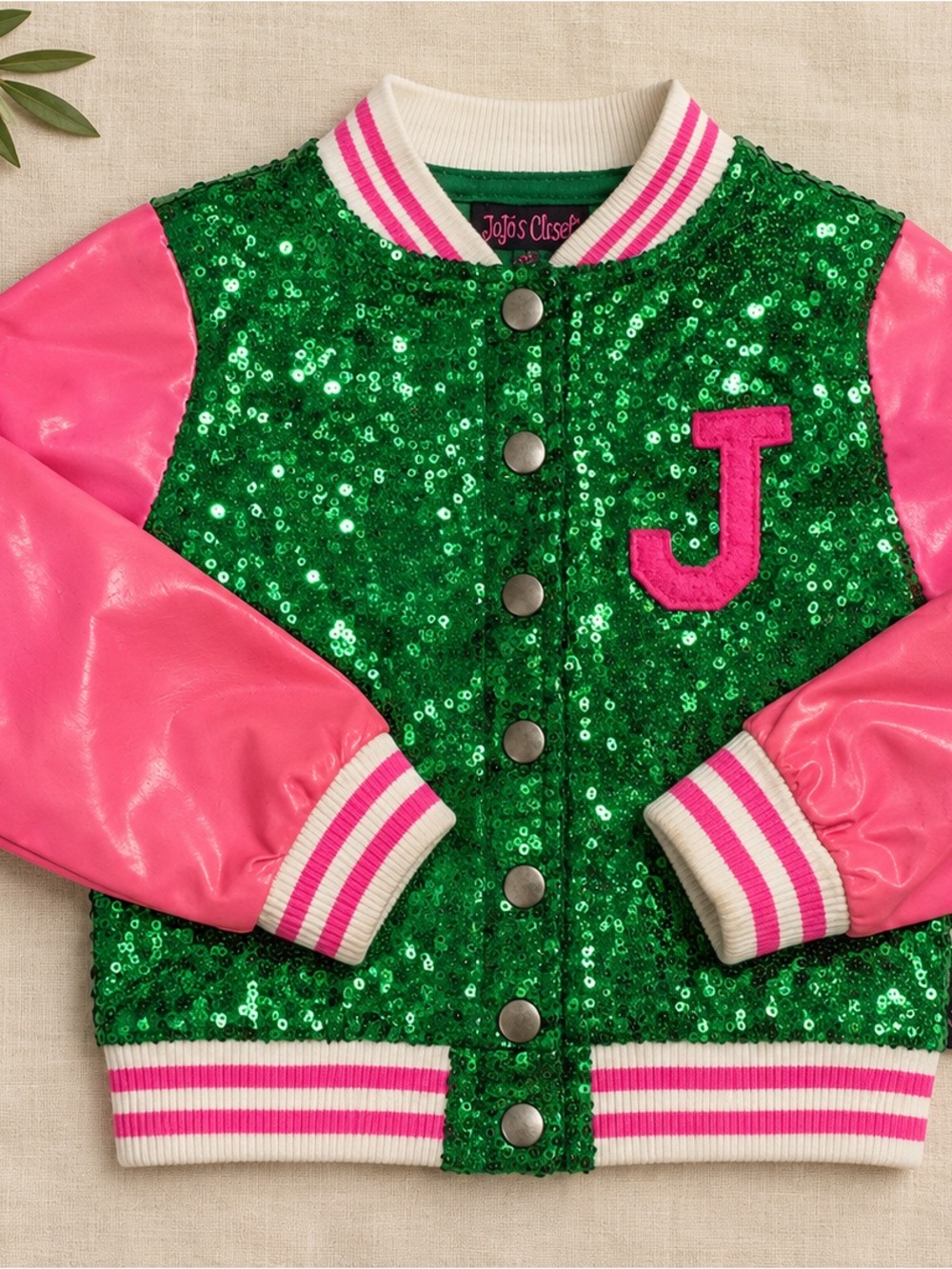 JoJo Siwa Green Sequin & Pink Sleeve Varsity Jacket